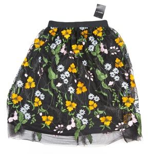 NWT Forever 21 Embroidered Long Floral Black Skirt